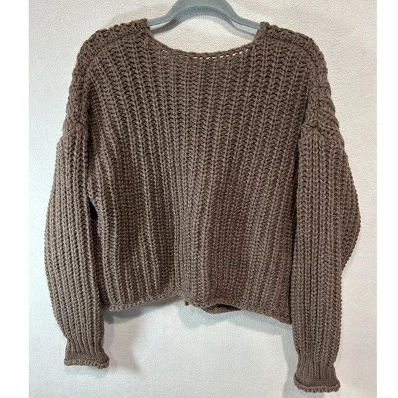 Chunky Waffle knit Boxy Cardigan Women L Brown Button Front Gold Buttons Pockets - Picture 2 of 6